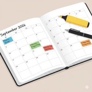 A monthly calendar view inside a highschool planner with color-coded academic dates.