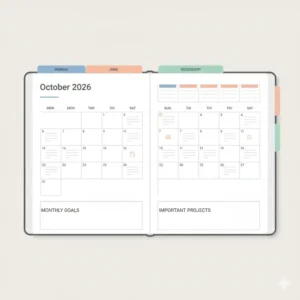 A minimalist monthly calendar spread in a student planner 2026 featuring colored tabs and goal sections.