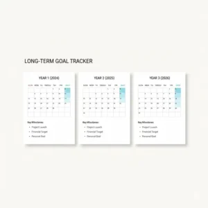 Digital illustration of a multi year planner showing a condensed 3-year calendar overview for long-term goal tracking.