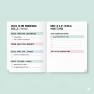 Illustration of the long-term goal setting section inside a 3 year academic planner for tracking graduation milestones.