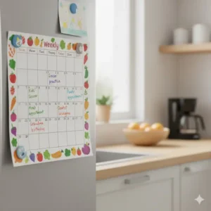 A family weekly wall calendar mounted on a kitchen fridge used for meal planning and appointments.