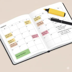 Detailed weekly schedule layout in a highschool planner for time management.