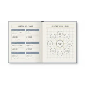 : A structured goal-setting page in a multi year planner with sections for personal and professional milestones.