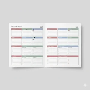Close-up of weekly planning pages in a student planner 2026 with space for class schedules.