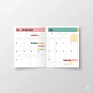 A detailed monthly spread layout of a 3 year academic planner showing organized calendar pages for students.