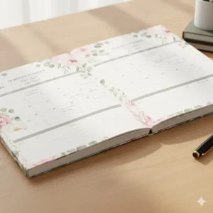 The weekly vertical layout of an 18 month planner 2026 showing hourly time slots and daily tasks.