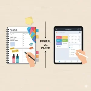 A comparison between a tablet and a physical notebook to show the best planners for high school students in both formats.