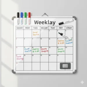A reusable dry erase weekly wall calendar with colorful magnetic markers and an eraser.