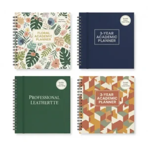 Various durable and stylish cover designs available for a professional 3 year academic planner.