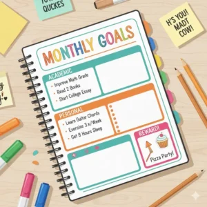 A vibrant goal-setting section for academic and personal milestones in the best planners for high school students.