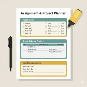 Assignment and project planning section in a highschool planner for students.