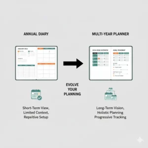 A side-by-side visual comparison showing the difference between a standard annual diary and a comprehensive multi year planner.
