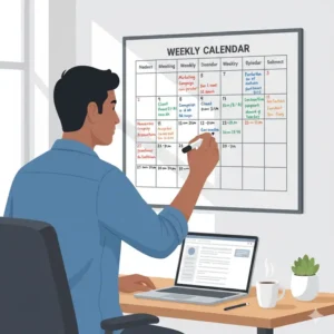 An employee using a weekly wall calendar to track project deadlines and meeting schedules.