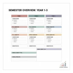Infographic of the semester overview pages within a 3 year academic planner to track academic progress.