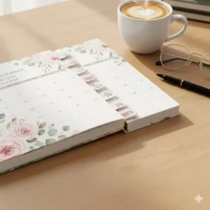 Close-up of the durable laminated monthly tabs on the side of an 18 month planner 2026.