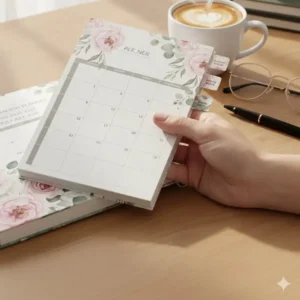 A person holding an A5 size 18 month planner 2026 to demonstrate its portable dimensions.