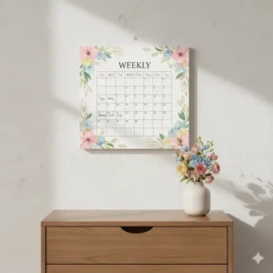 An aesthetic weekly wall calendar with a decorative floral border hanging in a bedroom.