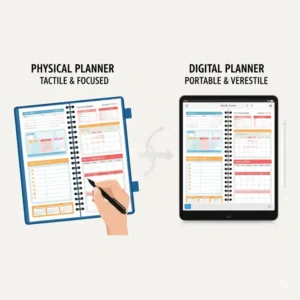A side-by-side comparison of a digital version and a physical paper 3 year academic planner.