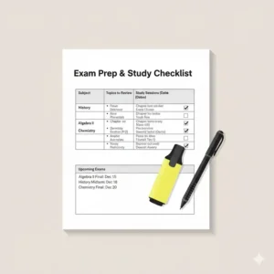 Exam preparation and study checklist template within a highschool planner.