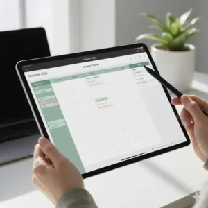 A digital version of the student planner 2026 displayed on an iPad Pro with a stylus.