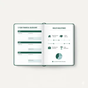 An illustrative page layout for tracking 5-year financial goals and savings milestones in a multi year planner.