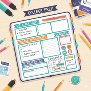 A college preparation checklist and SAT deadline page featured in the best planners for high school students.