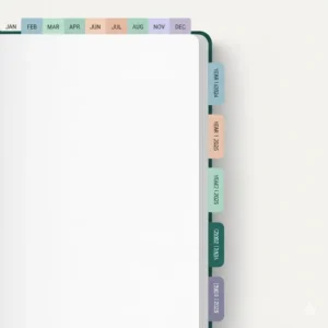 Close-up illustration of color-coded monthly and yearly tabs on the side of a thick multi year planner.