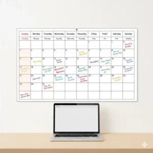 A large horizontal weekly wall calendar showing the dimensions relative to a standard laptop.