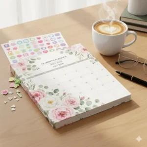 Colorful planning stickers and a pocket folder included as accessories with the 18 month planner 2026.