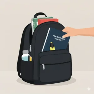A highschool planner being placed into a backpack showing its portable size.