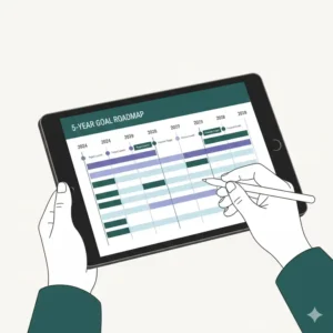 A vector illustration of a digital multi year planner being used on a tablet with a stylus for paperless organization.