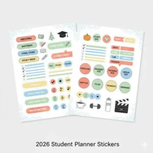 A collection of functional planning stickers designed for a student planner 2026 edition.
