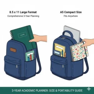 A size and portability guide showing how a compact 3 year academic planner fits easily into a student backpack.