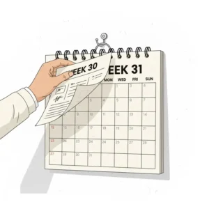 A spiral-bound weekly wall calendar being flipped to a new week on a metal hook.