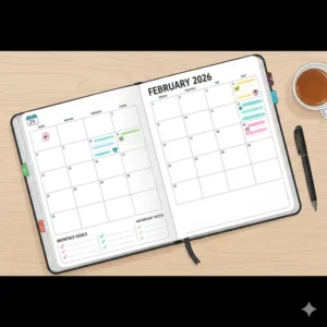 A clean illustration of a big planner book opened to a spacious monthly calendar view for long-term planning.