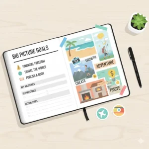 An inspiring vision board and goal-setting spread inside a large-format big planner book.