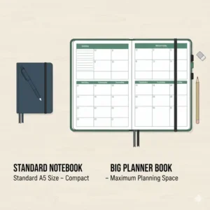 A side-by-side size comparison between a standard A5 notebook and a big planner book highlighting the extra writing space.