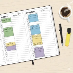 A time-blocking layout in a big planner book with hourly slots for organized daily task management.