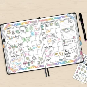 A creative and decorated page of a big planner book using colorful stickers and artistic journaling elements.