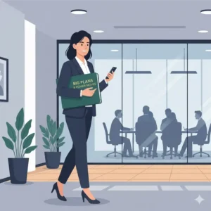 A professional woman carrying a big planner book in a modern office setting for business organization.