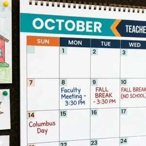 A detailed close-up showing the monthly grid and planning sections of a teacher wall calendar.