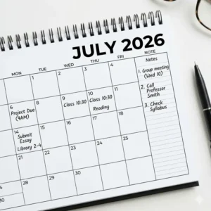 Close-up illustration of an academic desk calendar showing spacious daily blocks for scheduling and a notes sidebar.