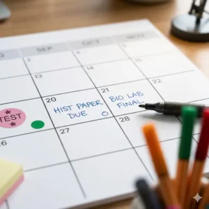 Illustration 1: Close-up detail of the spacious daily date boxes on a laminated academic wall planner showing handwritten study goals.