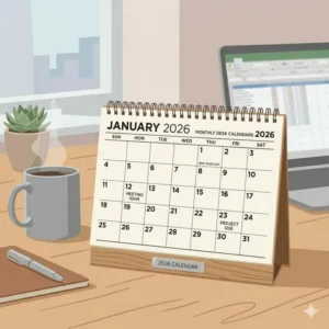 Close-up view of a January page layout for monthly desk calendars 2026 with clear date grids.