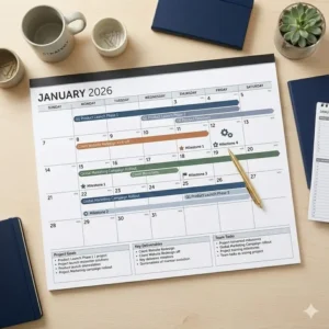 Professional workspace featuring large desk calendars 2026 for organized project planning.