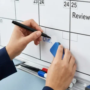 A close-up view of a hand easily cleaning a large dry erase calendar without leaving any stains.