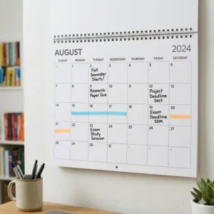 Close-up view of the monthly grid layout on an academic year wall calendar with room for notes.