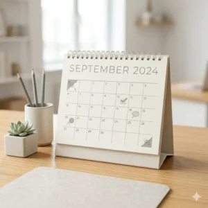 Minimalist themed desk calendar with a clean, modern aesthetic for professional office spaces.