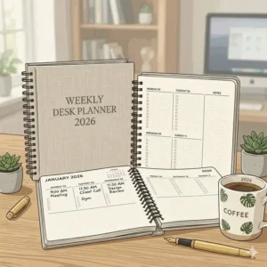 Close-up view of a weekly desk planner 2026 showing the horizontal Monday through Sunday scheduling sections.