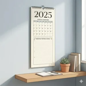 Close-up illustration of a vertical wall calendar featuring a dedicated sidebar for monthly notes and goal tracking.